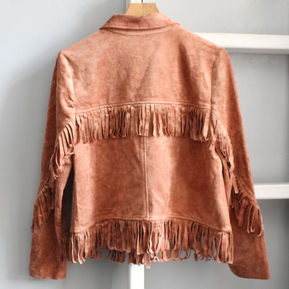 BB Dakota Terracotta Tan Thais Fringed Faux Suede Jacket Size Medium NWT - Picture 4 of 8